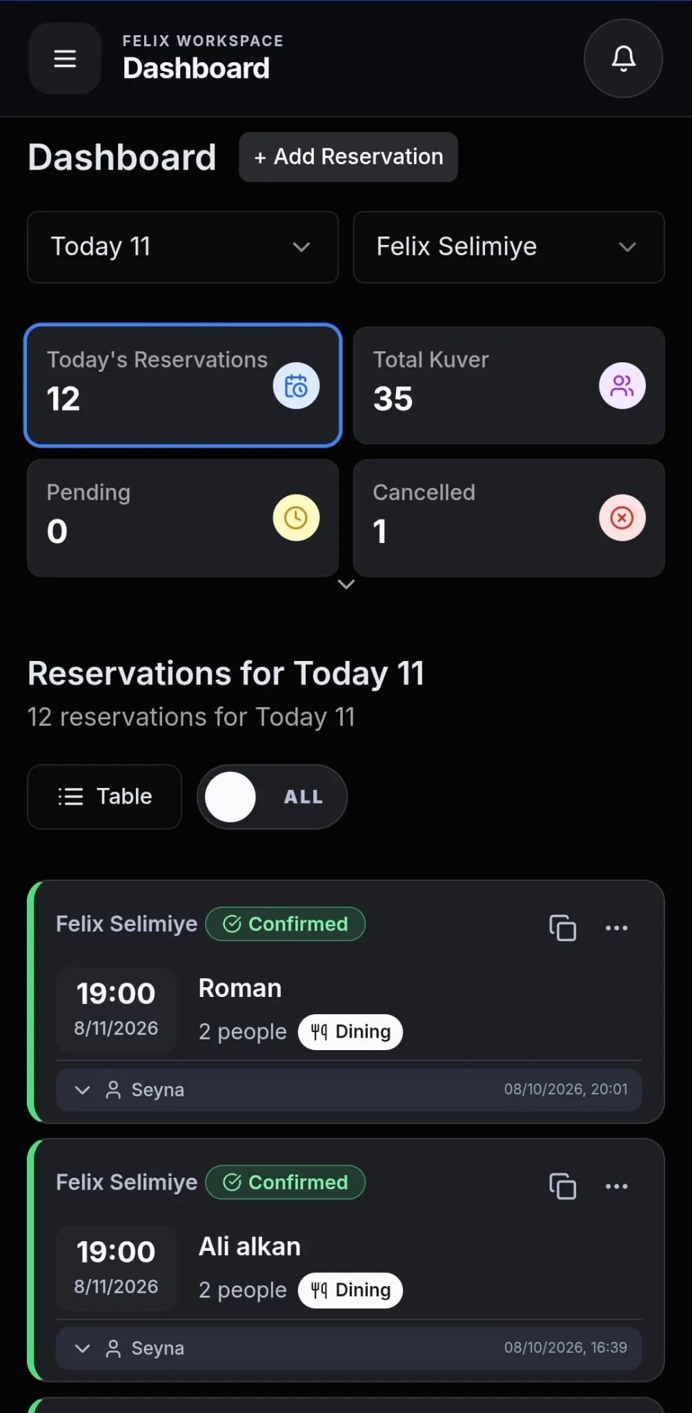 Reservevia dark mode dashboard on mobile