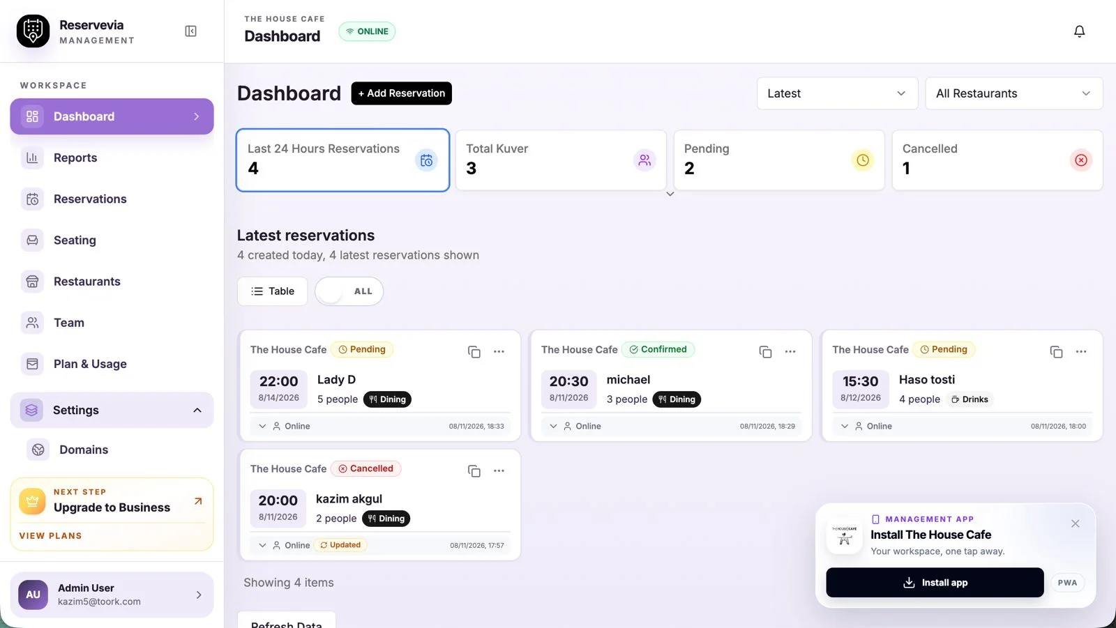 Reservevia management dashboard on desktop